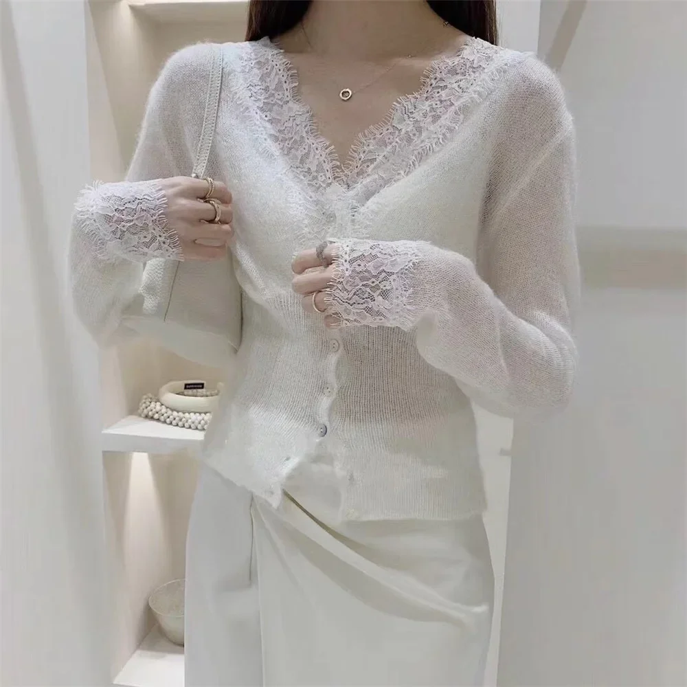 Temperament Cardigan for Women Black Lace Tunic Pull Femme Knitted Korean Sueter Mohair Cropped Sweater Tops 2025 Ropa Mujer