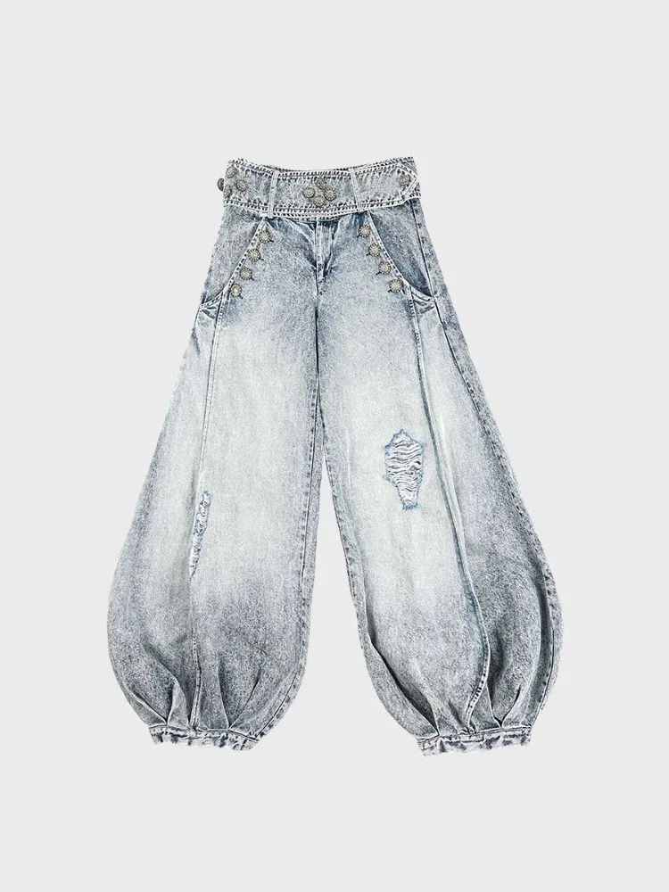 American Retro Denim Laterne Hosen für Frauen y2k hohe Taille Loch Hosen Mujer 2024 Frühherbst neue lose weites Bein