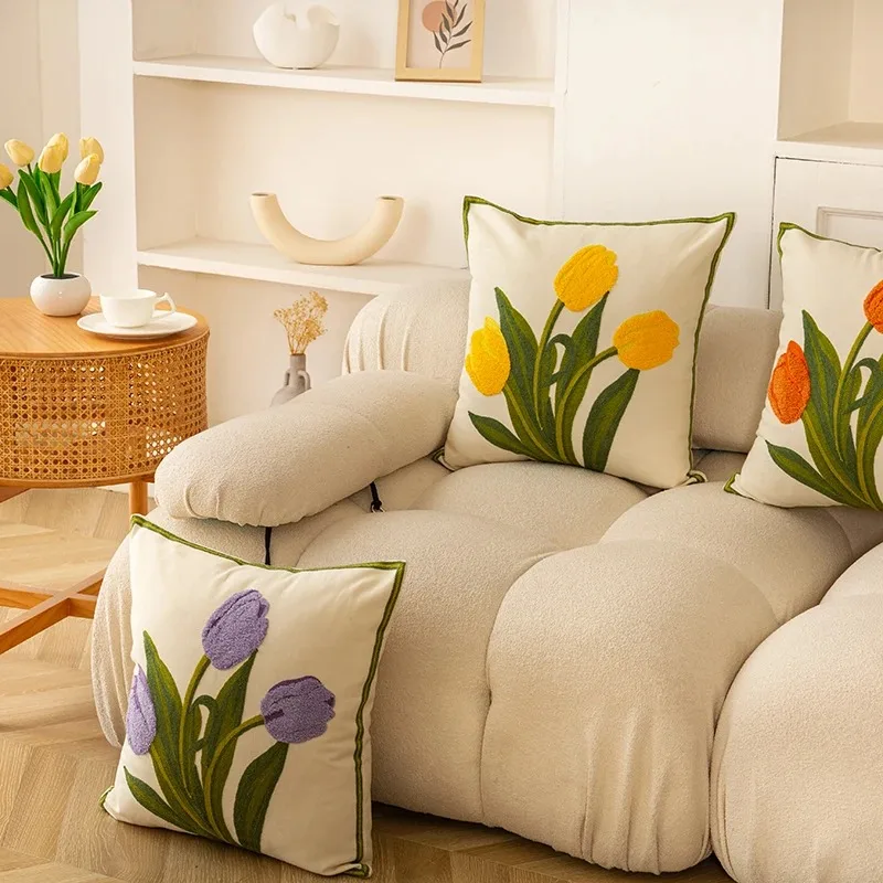 Embroidered Tulip Cotton Pillow Cover 3