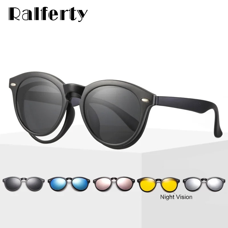 Ralferty 5 In 1 Magnet Sunglasses Women Polarized Clip On Glasses Men Round Prescription Optic Frames Yellow gunes gozlugu A2205