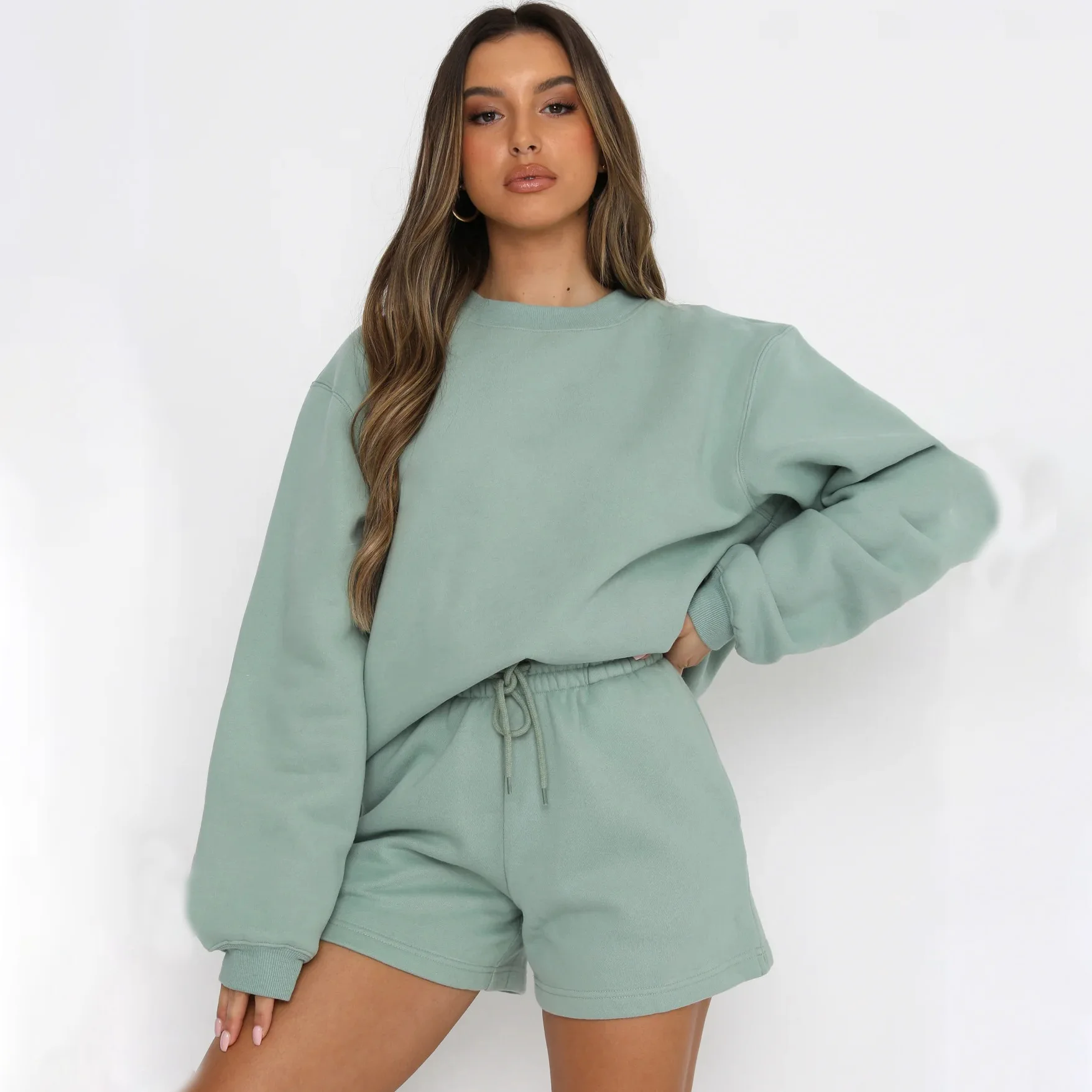 

Spring Autumn New Versatile Sporty Style Women's Suit Fashion Solid Color Long-sleeved Loose Sweatshirt + Lace-up Shorts Suit