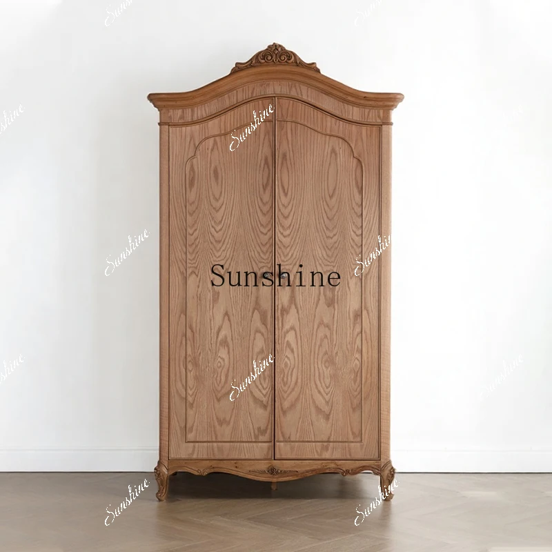 American country carved solid wood wardrobe double door retro old bedroom storage  FT