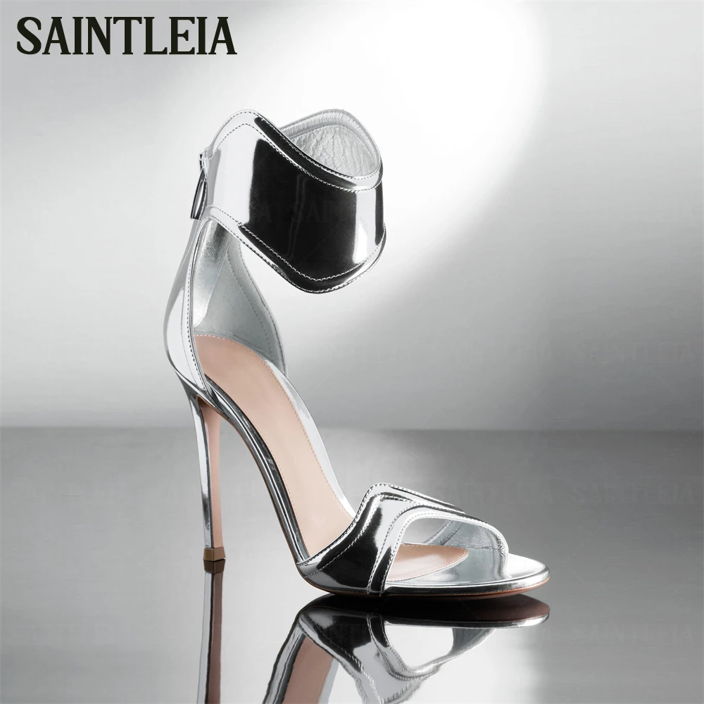 

Mirrored Leather Stiletto Sandals Metallic Patent Leather Open Toe Sandals Ankle Strap Finish Rear Zip Fastening Summer Sandals