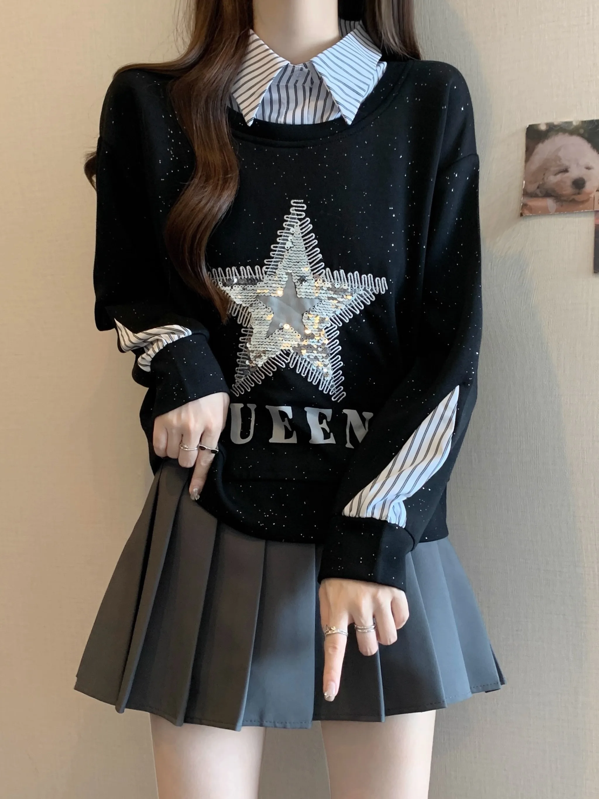 

Unique Striped Patchwork Long Sve Sweatirt Women's Loose Fit Autumn Winter plus Size Slimming Top Faionable Casual Wear