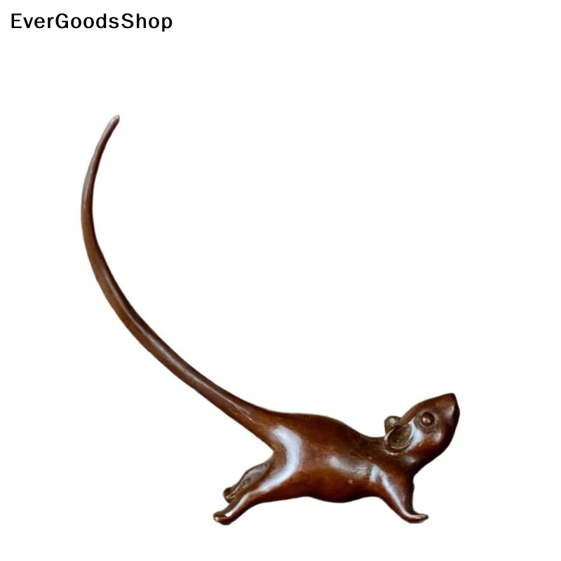Long Tail Mouse Miniature Figurine Chinese Style Tea Pet Vintage Pure Copper Rat Ornament Desk Craft Home Decoration Accessories