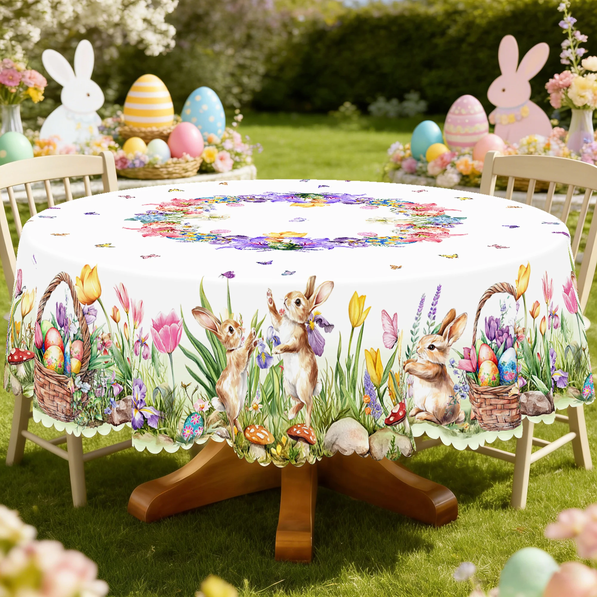 1 Piece Easter Printed Tablecloth, Cute Rabbits, Easter Eggs, Tulip Pattern Design, Perfect Holiday and Easter Decoration, Camping Picnic, Garden Bbq, Party Decoration, Kitchen Accessories, Tablecloth for Indoor and Outdoor Use in Restaurants, Patios, Perfect Easter Gift, Round and Rectangular Tablecloths, Multiple Sizes Available