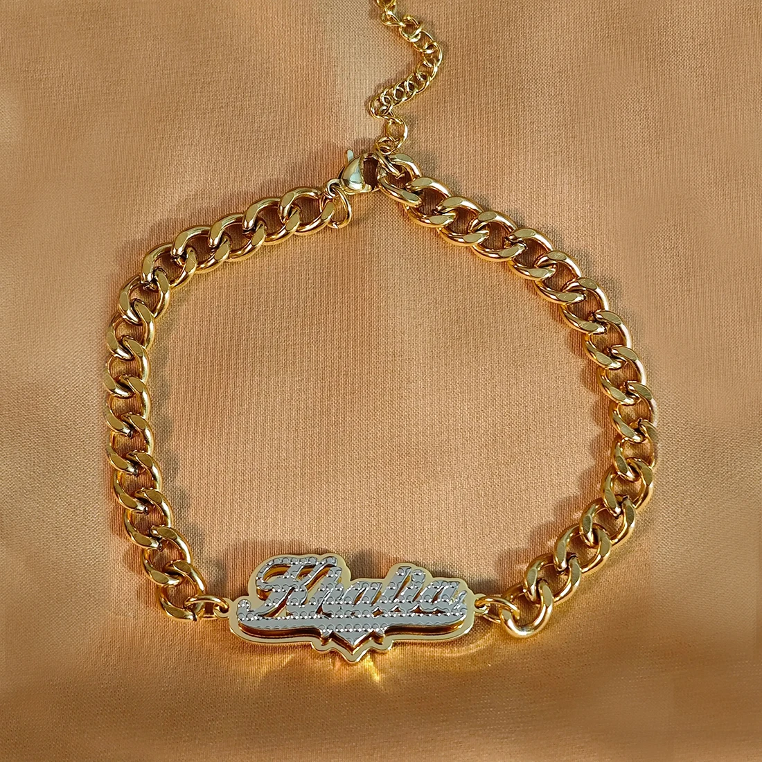 Customized Name Bangles Double Layer Two Tone Heart Nameplate Cuban Chain With Heart Personalized Custom Name Bracelet For Women