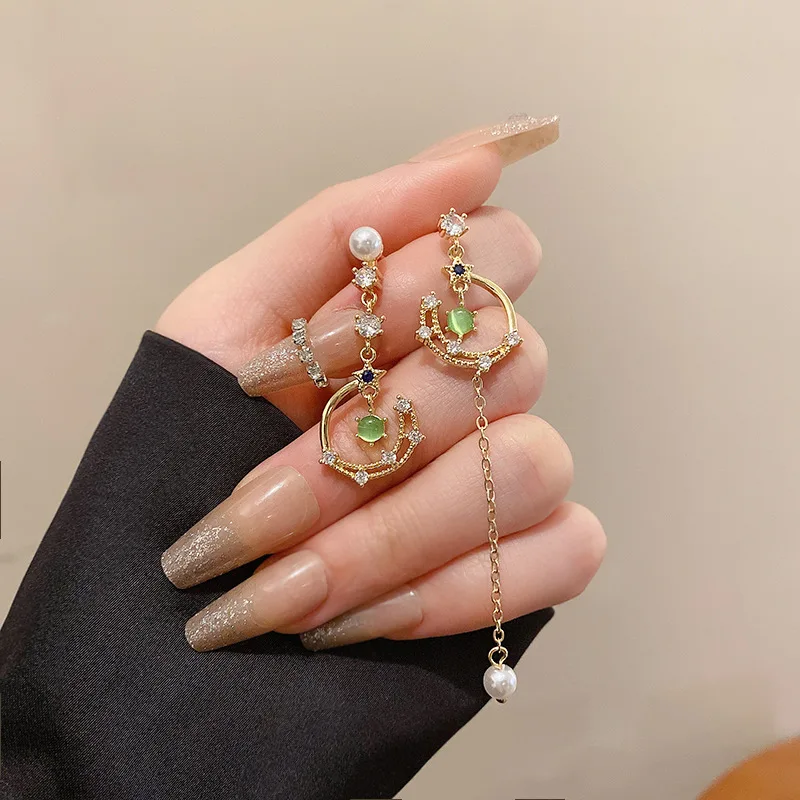 Korean Trend Asymmetric Hollow Moon Tassel Drop Earrings For Women Exquisite Zircon Opal Earring Wedding Jewelry Birthday Gift