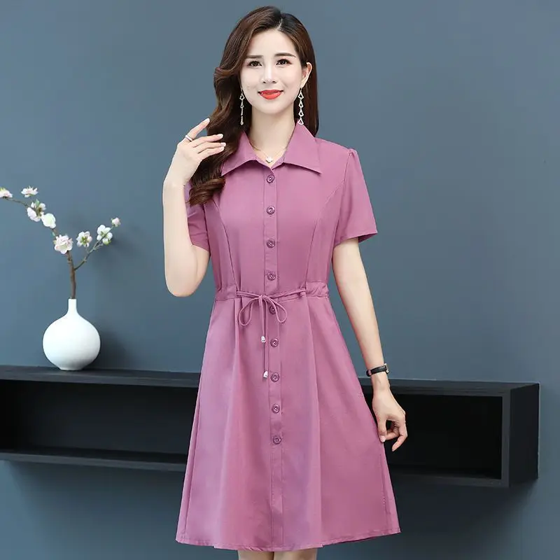 Moms's dress WOMEN'S new waist slimming mid-length dress WOMEN'S temperature youthful-looking comfortable summer shirt dres