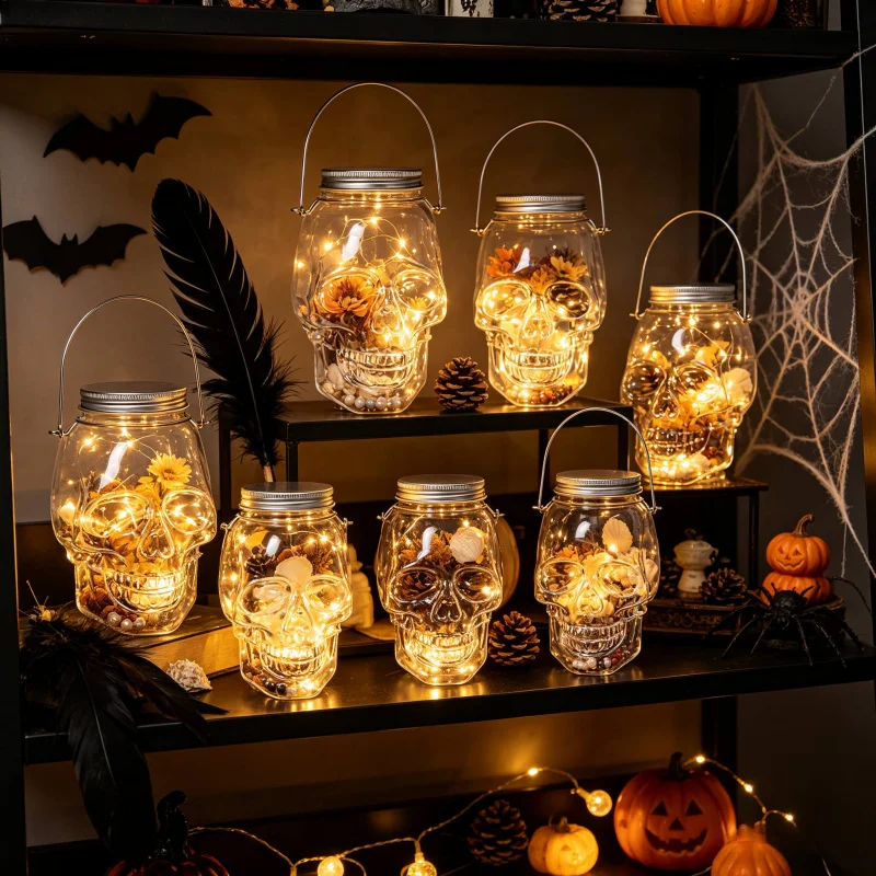 14/26Pcs Clear Skull Plastic Jars With Metal Handle Sealing Lids Halloween Storage Containers Haunted House Party Decor Ornament