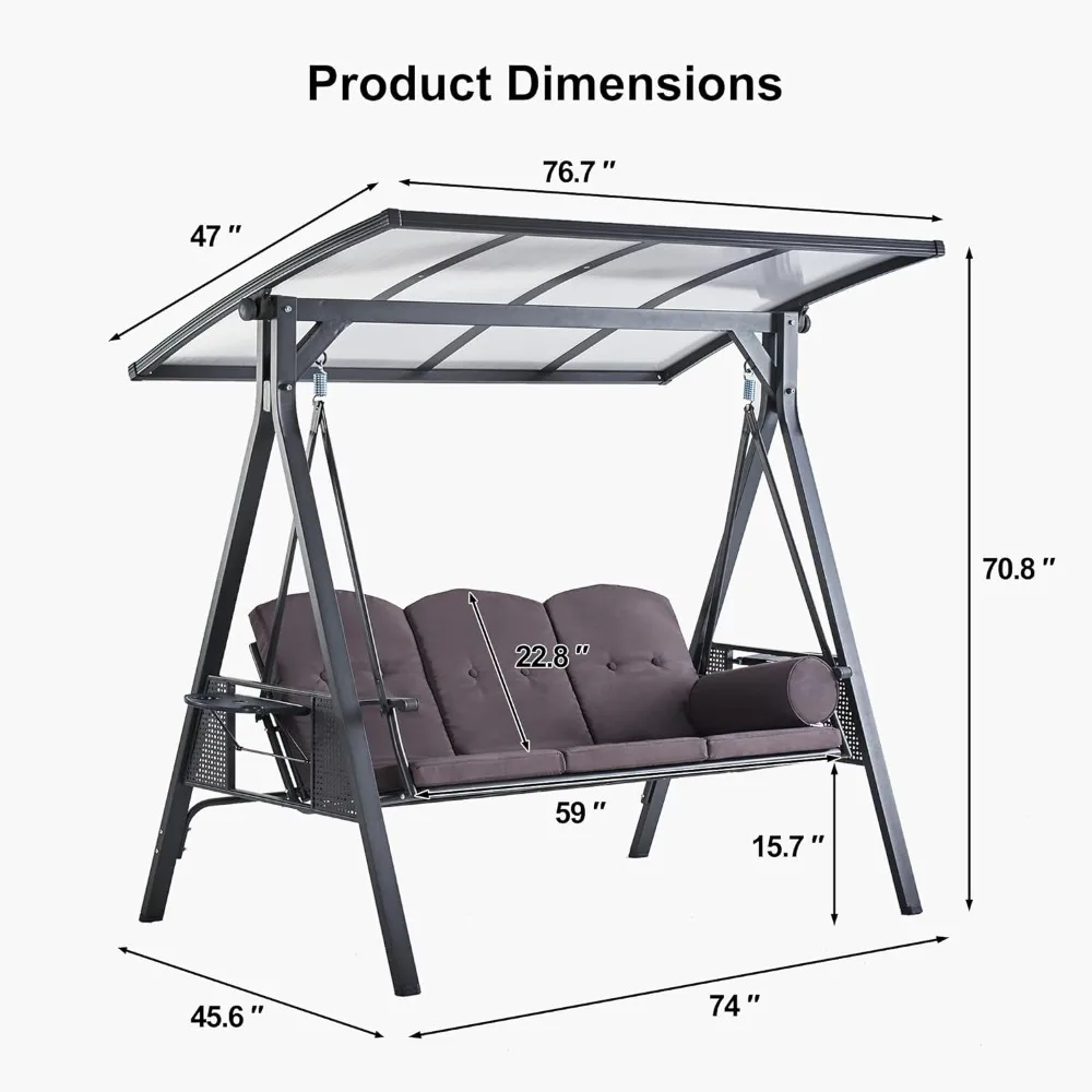 3-seat Outdoor Porch Swing with Adjustable PVC Canopy, Side Cup Holder, Cushions and Pillow Included, Outdoor Swing