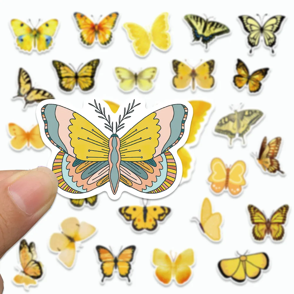 50PCS Retro Yellow Butterfly Stickers Cartoon INS Style Aesthetics Decals For Laptop Refrigerator Scrapbook Skateboards Stickers