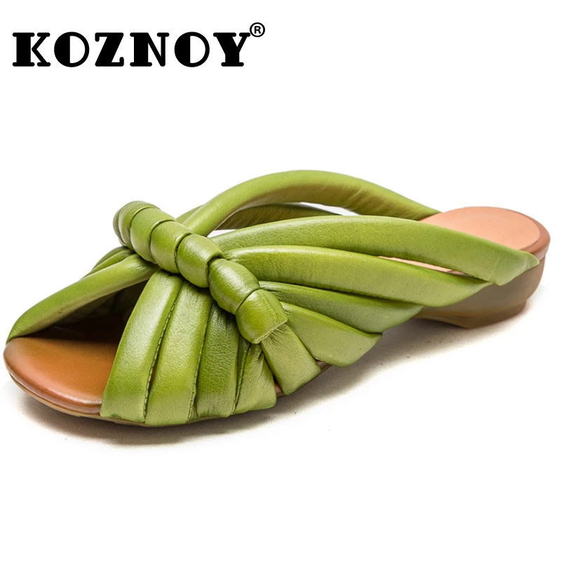 Koznoy 3cm 2024 damskie sandały splatane bydlęce z prawdziwej skóry mokasyny Peep Toe naturalne platformy Falts pantofle modne buty