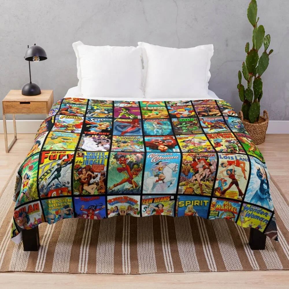 

Female Superhero Vintage Comic Book Collection Retro Pattern Throw Blanket