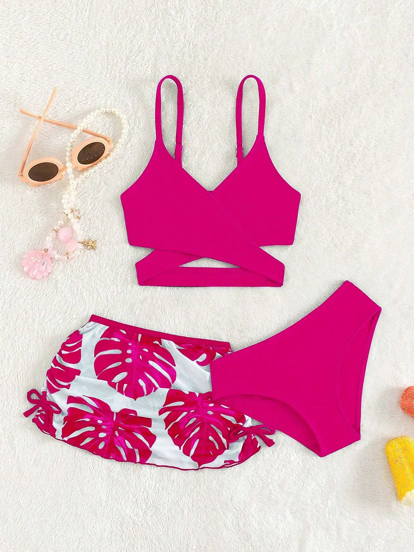 

Women Solid Cross Bikini Set With Tropical Leaf Print Cover Up Skirt