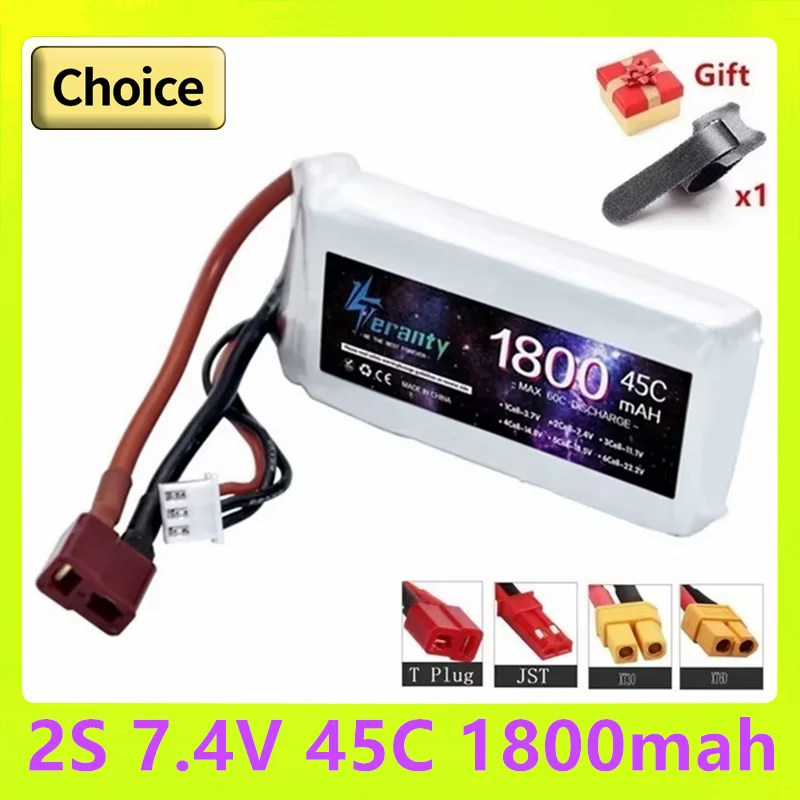 7.4V 1800mAh 2S LiPo Battery 45C For RC Car Quadcopter Helicopter Boat Drones Spare Parts 7.4V Battery With T JST XT30 XT60 Plug