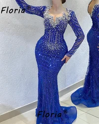 Exquisite Long Sleeve Royal Blue Evening Dress Mermaid Heavily Beaded Crystal Prom Dresses Woman Party Gowns Robe De Mariee 2025