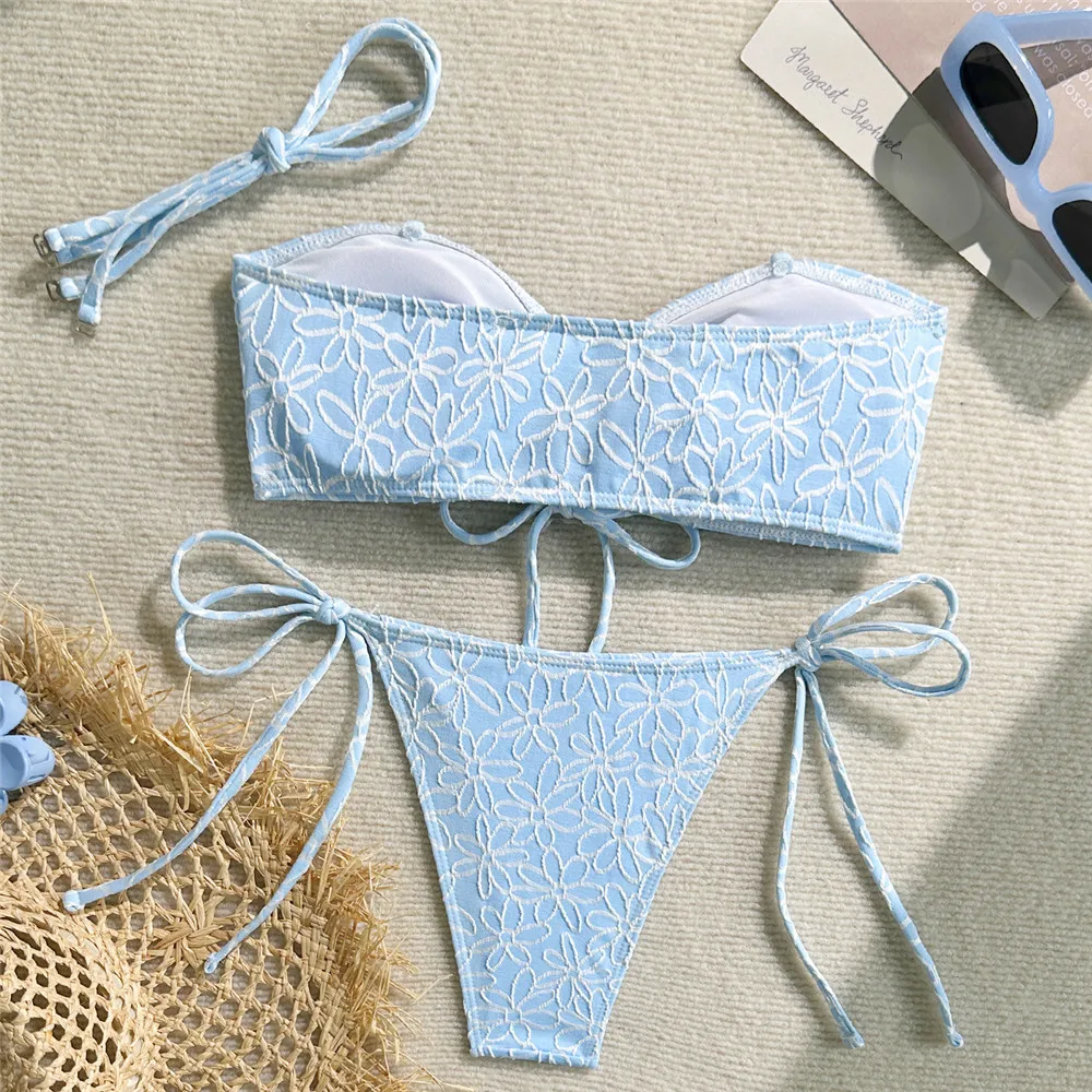 Light Blue Flower Emboss Bandeau Bikinis Sets De Mujer Lace-up Hollow Out Sexy Swimsuit Women Holiday Swimwears Bikini 2026