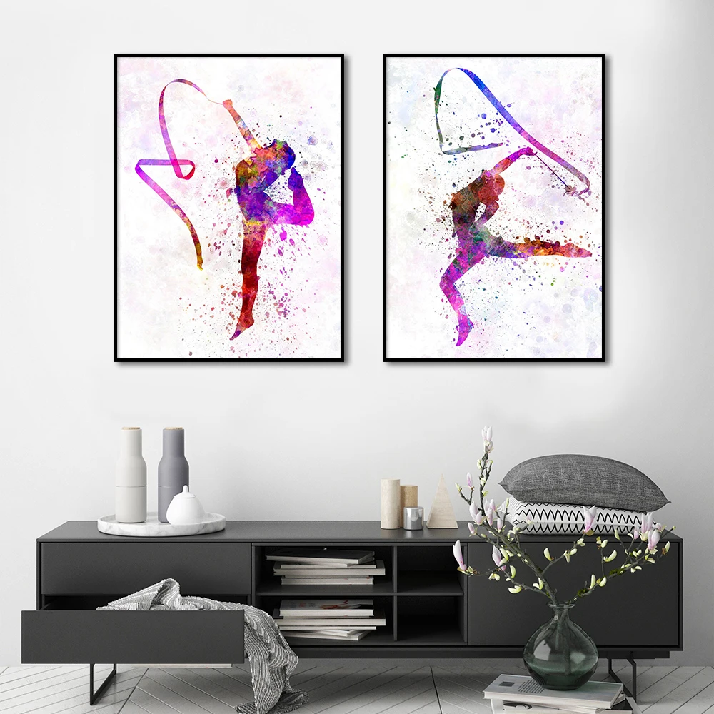 Rhythmic Gymnastics Ribbons Watercolor Painting Modern Abstract Wall Art Canvas Poster Print for Room Home Decor Picture Cuadros