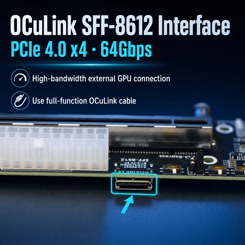 HOOCCC OCuLink eGPU Dock, PCIe 4.0 x4 to PCIe x16 Riser Card SFF-8612 64Gbps External GPU Adapter, ATX/Dual PSU, Mini PC Laptop