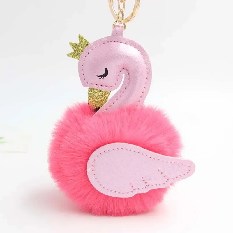 Cute PU Leather Swan Plush Key Chain Fashion Ladies Bag Pendant Imitation Rabbit Hair Ball Car Ornaments Fur Keychain Key Ring