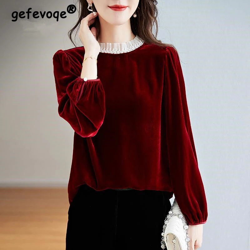 Elegant Chic Ruffle Lace Patchwork Vintage Red Black Pleuche Ladies Tops Casual Loose Long Sleeve Basic T Shirt Women\'s Clothing