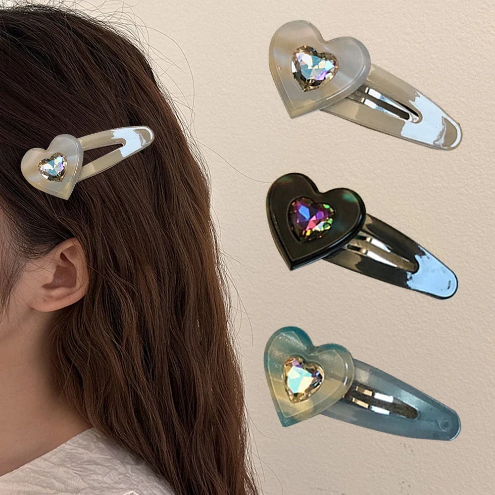 

Sweet Acetate Heart Hairpins Simple Rhinestone Snap Hair Clips For Women Bangs Sides Barrettes Friend Jewelry Gift