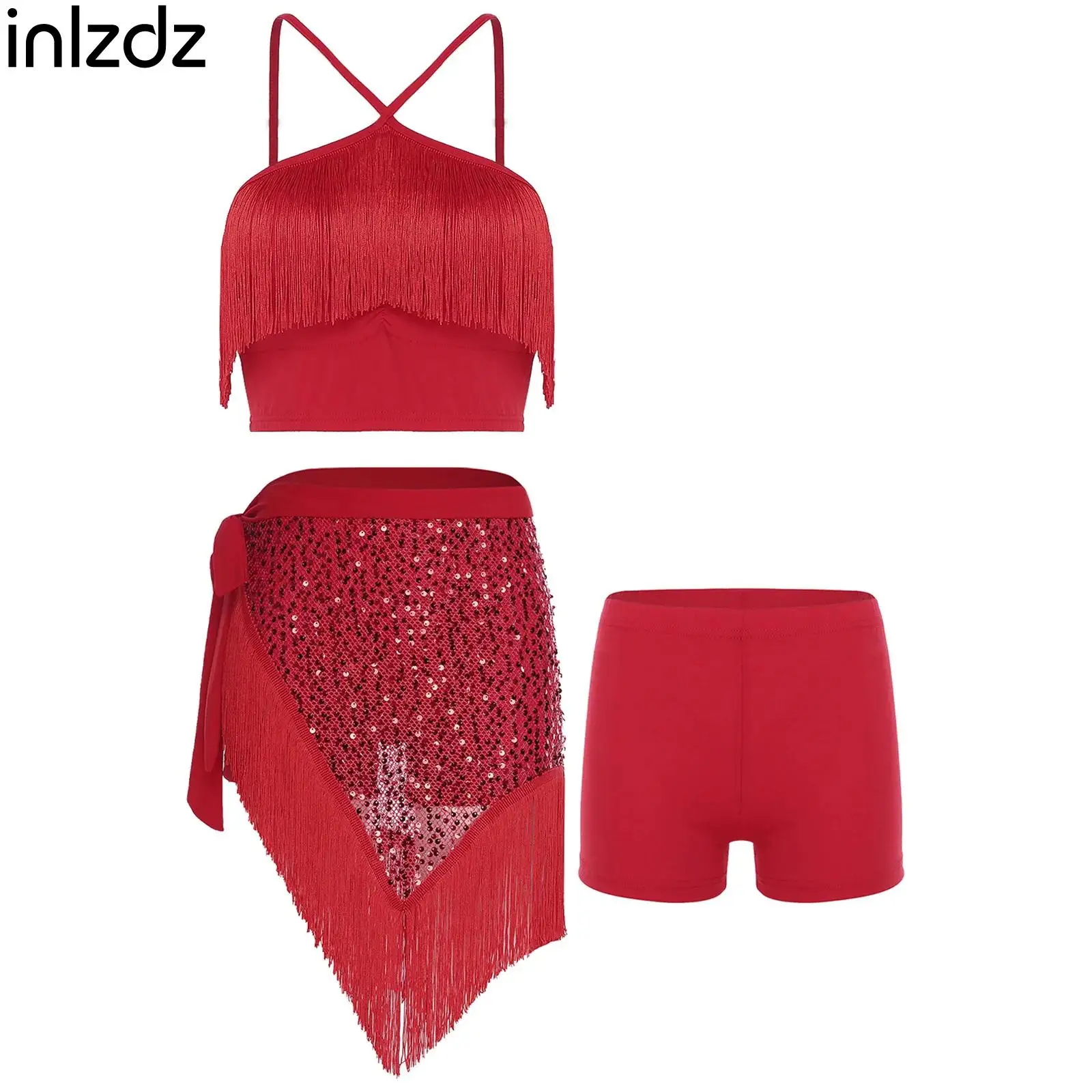 

Womens Adult Belly Dance Costume Sets Tassel Crop Top Safety Shorts And Shiny Sequin Lace-up Hip Scarf 3-piece Dancewear Outfits