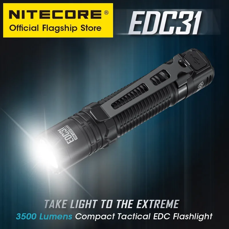 NITECORE EDC31 Compact Tactical Flashlight USB-C Rechargeable EDC Search Torch Light 3500 Lumens, 3800mAh 18650 Li-ion Battery