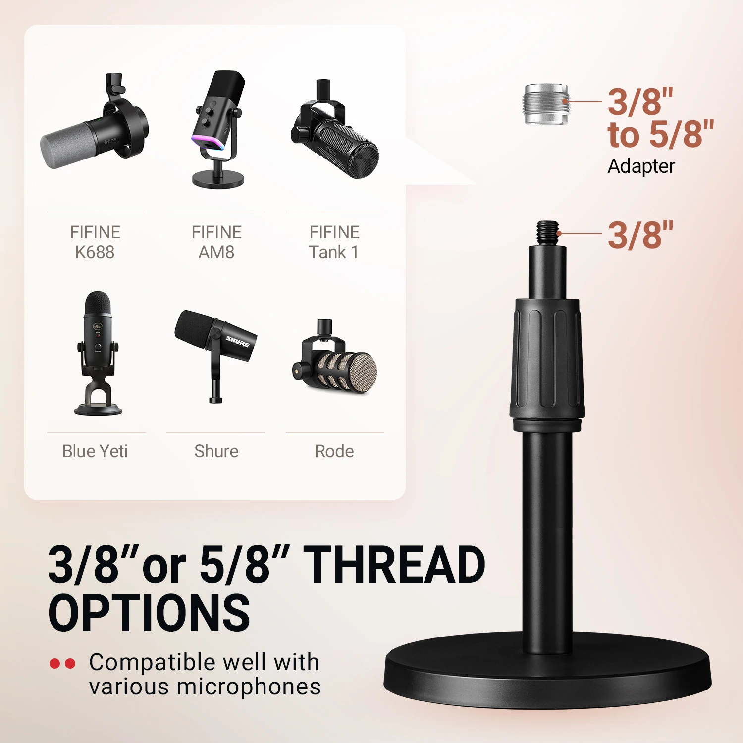 FIFINE BS1 Metal Mic Stand 5/8 to 3/8 Adapter Black