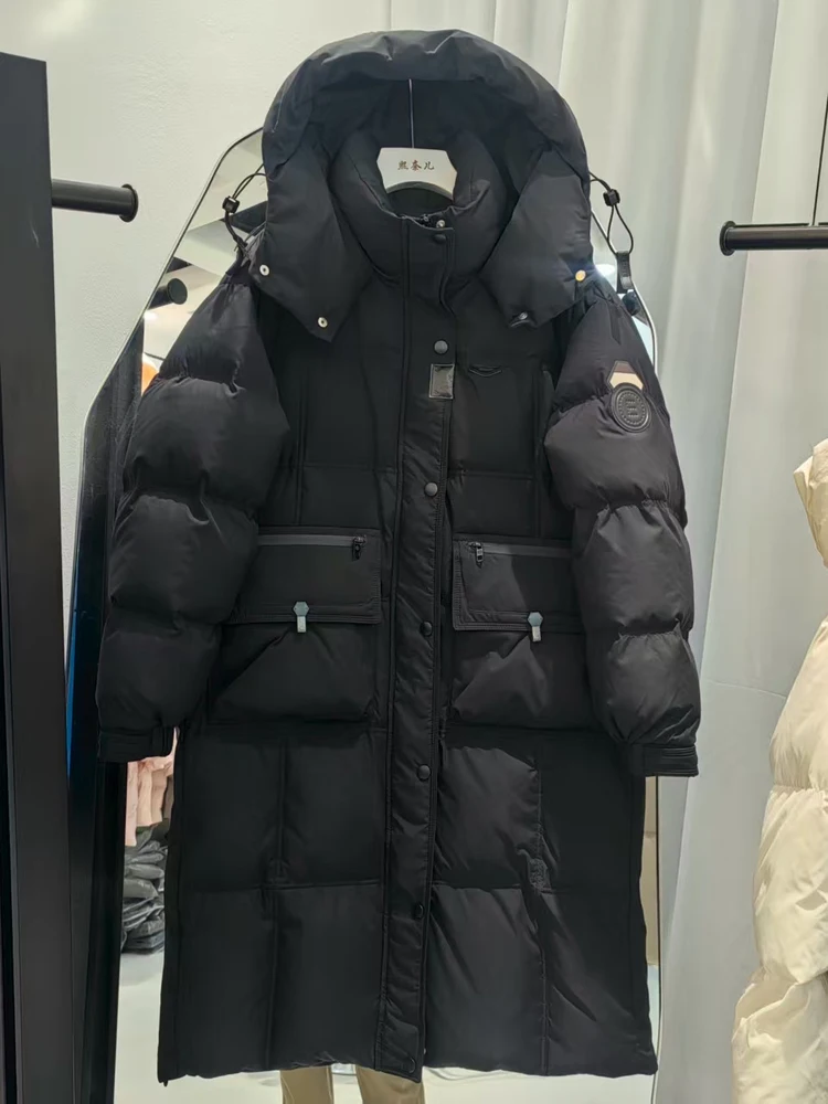 2025 Winter New Down Jacket Mid to Long Over Knee Thickened Hooded Fashion workwear Parker Couple White Duck Down Jacket
