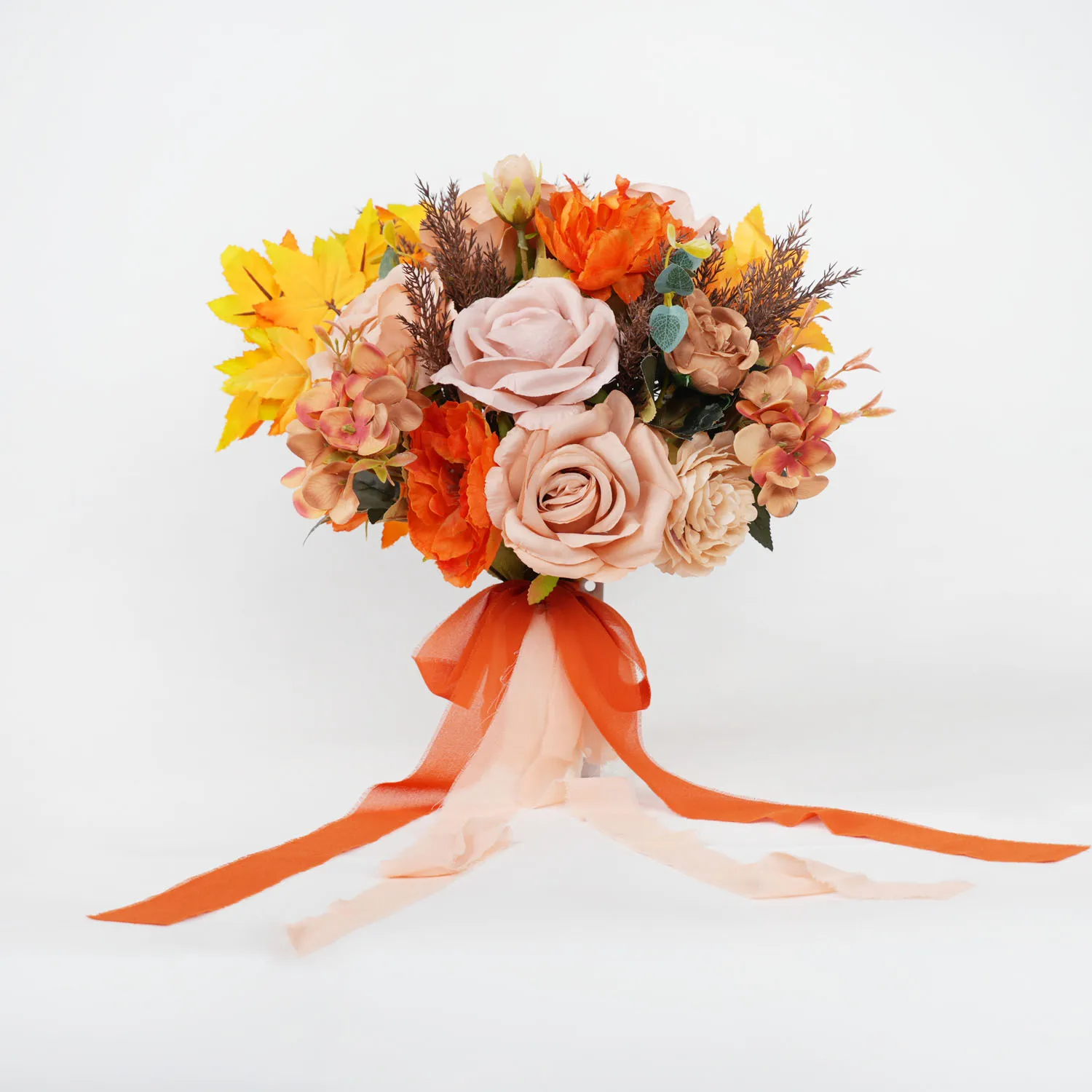 

Wedding Bouquets for Bride Champagne Orange Rose Maple Leaves Bridal Bouquets Artificial Flower for Wedding Party Home Decor