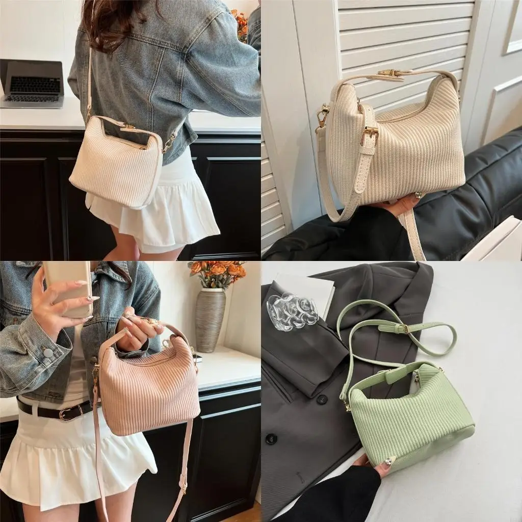 

Pleated PU Leather Shoulder Crossbody Bag with Top Handle Ribbed Texture Handbag