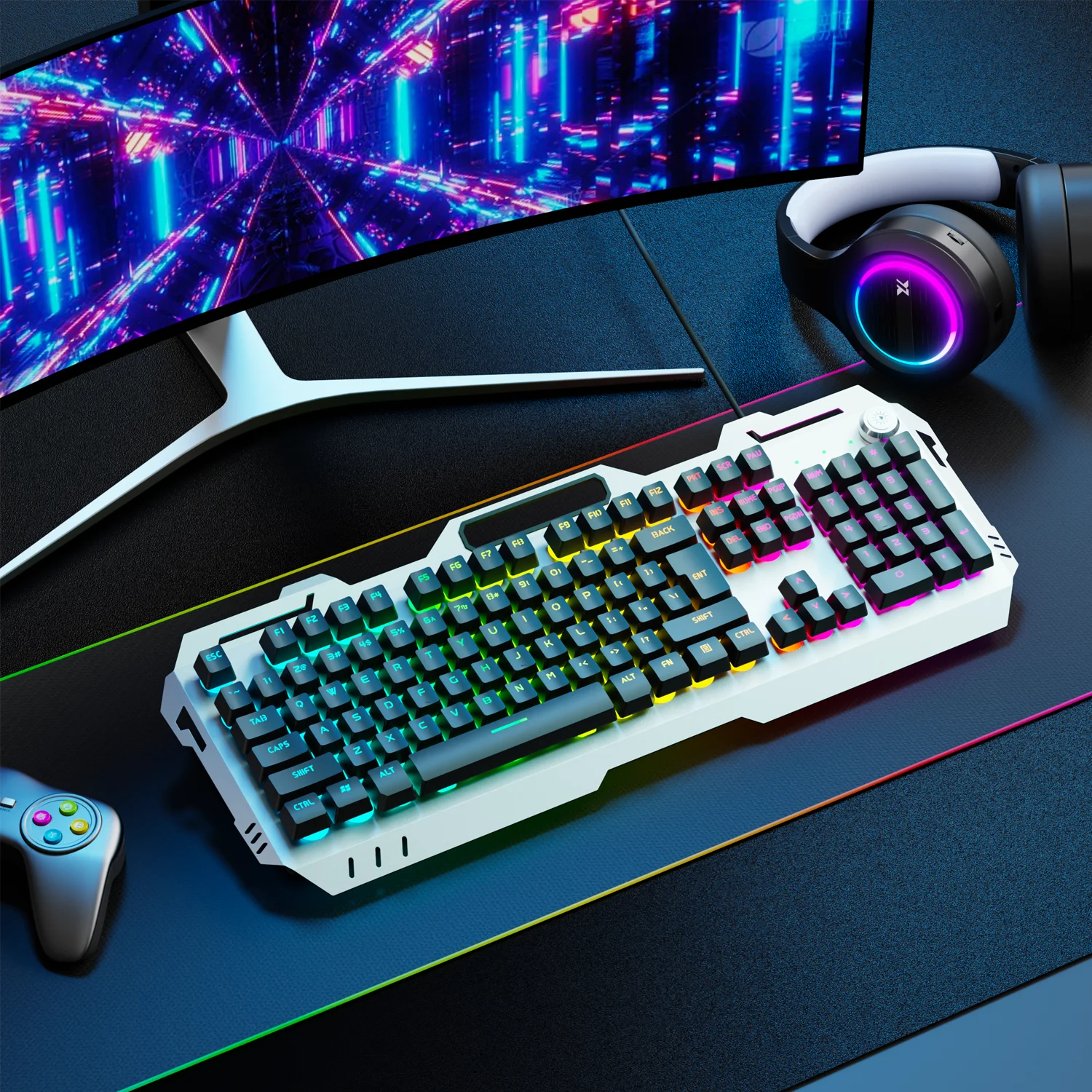 Clavier de jeu silencieux EWEADN, rétroéclairage LED 104 touches, panneau entièrement métallique filaire USB, bouton multimédia, bureau, maison, ordinateur portable/ordinateur de bureau