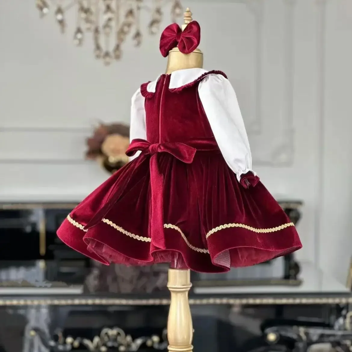 Baby Girl Autumn Winter Burgundy Velvet Long Sleeve Dress for Birthday Wedding Party Holiday Photography Christmas C163