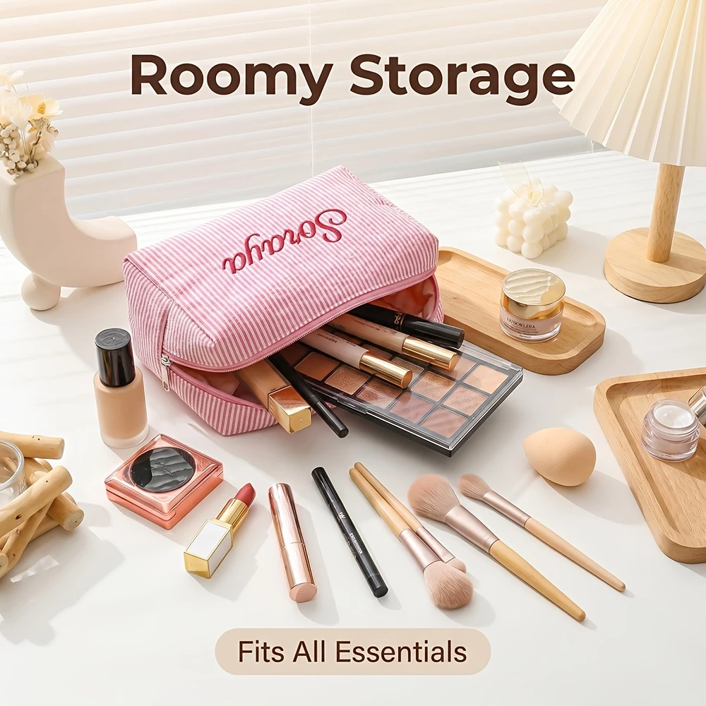 Personalized Striped Toiletry Bag, Embroidered Name Portable Polyester Cosmetic Storage, Ideal for Travel School Dorm & Home