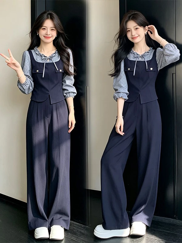 Retro Fashion Set Women's Autumn New Style Design Sense Fake Two-Piece Top Pants Two-Piece Set Youthful Looking Casual Style