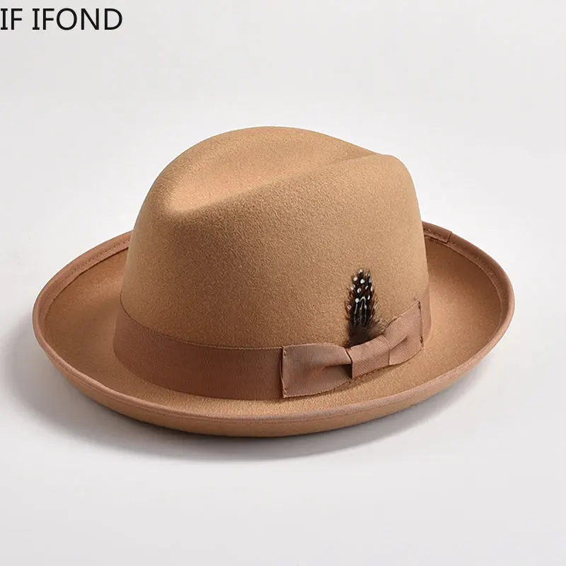 Nowy brytyjski styl wełny filcowa Fedora czapki dla mężczyzn zawijane rondo Homburg Gentleman kościół jazzowy kapelusz Party Dress Cap
