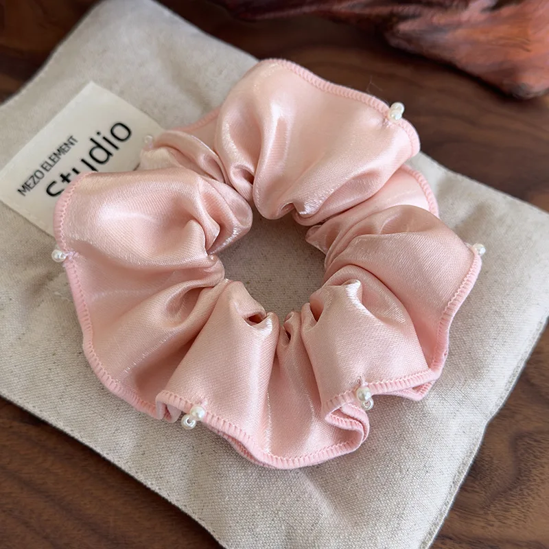 Scrunchie Hand Stitched Beads Pleated Scalloped Silky Satin Elastic Hair Tie  Classic Premium Daily Ponytail Holder for Women