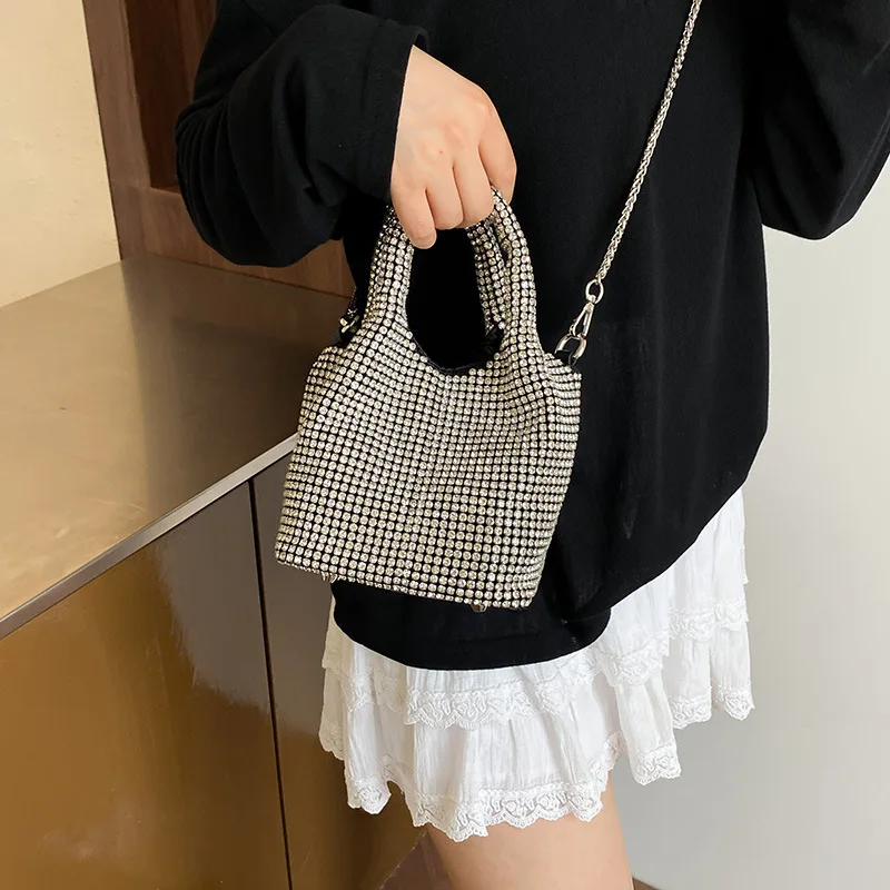 2025 New Fashionable Women's Evening Bag With Embroidered Chain And Rhinestones Handbag Shoulder Crossbody Bucket Bag