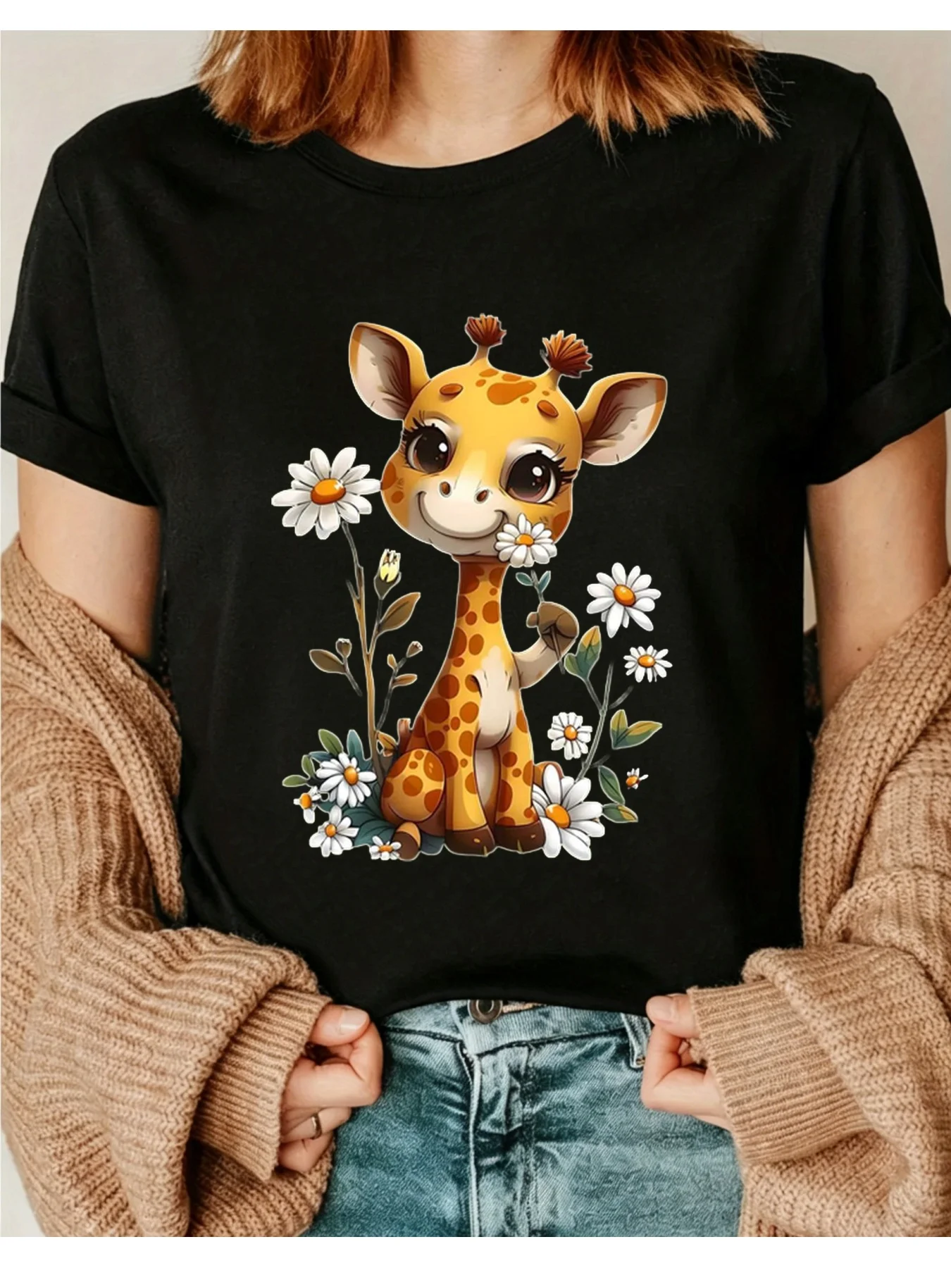 Cute Giraffe and Daisy Print T-Shirt Wowomens Spring/Summer Short-Sleeve Round-Neck Casual T-Shirt Daily Casual Holiday Gift Pixianai01 Round-Neck Short-Sleeve Top Suitable for All Seasons Casual Versatile