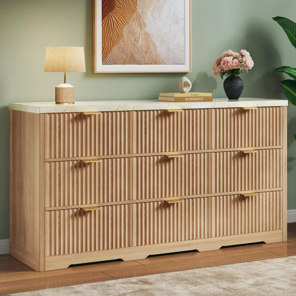 

Fluted Dresser with 9 Drawers, 53'' Mid Century Modern Dressers with Faux Marble Top, Wood Chests of Drawers with Gold Handle &