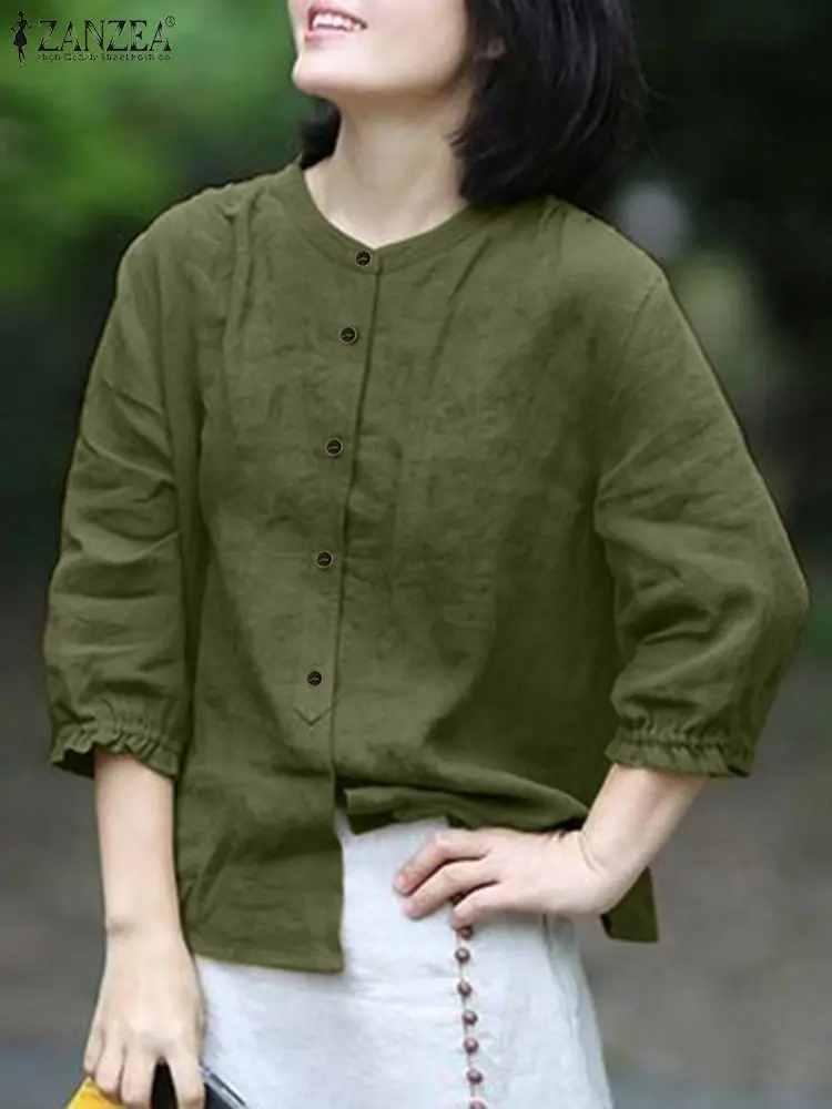 ZANZEA 2023 Autumn Shirt Women Korean Style Vintage Cotton Linen 3/4 Sleeve Tops Button Down O-Neck Shirts Tunic Top Blusas