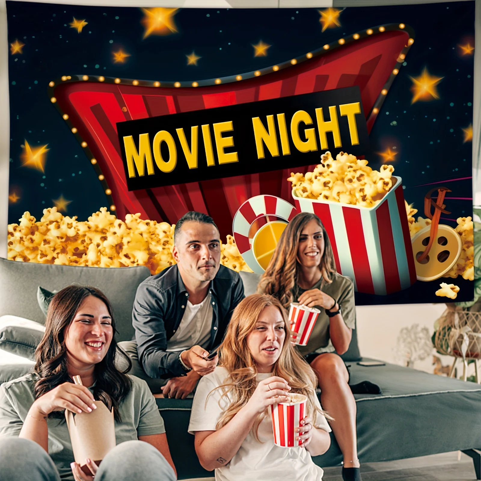 1pc, Movie Night Backdrop Cinema Lights Camera Film Popcorn Tape Party Poster Photography Backgrounds Decorations 59x39 Inch