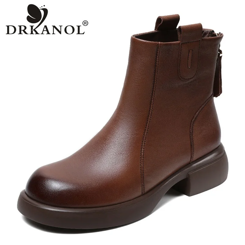 DRKANOL British Style Women Chelsea Boots Winter Warm Thick Heel Back Zipper Round Toe Genuine Cow Leather Casual Ankle Boots