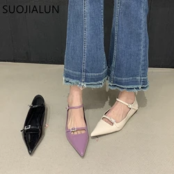 SUOJIALUN 2024 Spring New Pointed Women Flat Shoes Fashion Shallow Slip On Mary Jane Shoes Soft Casual Dress Ladies Slingback Sh