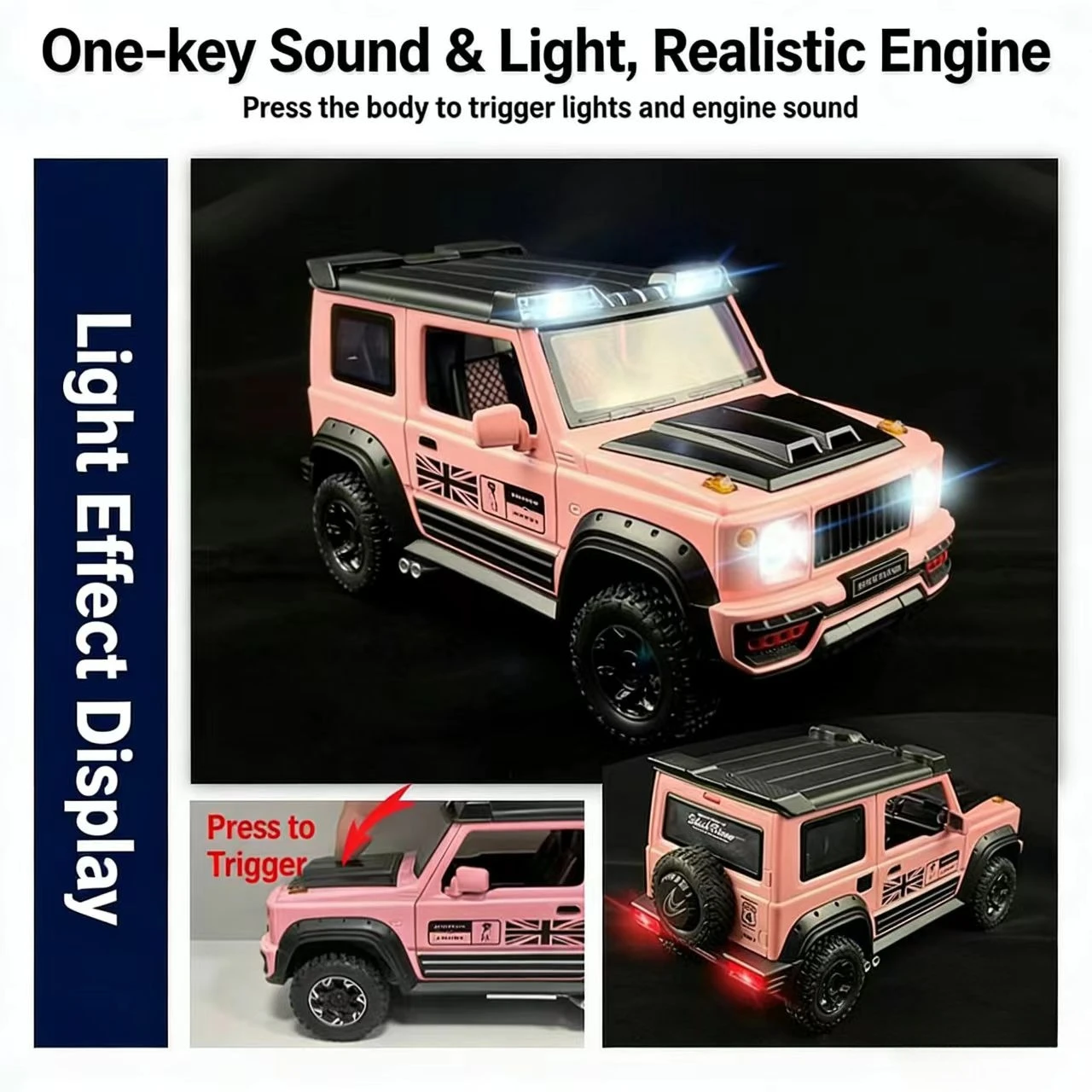 Modelo de carro em liga Suzuki Jimny 1:18 |   Ornamento grande com spray duplo, portas que podem ser abertas, função pull-back, efeitos sonoros e luminosos