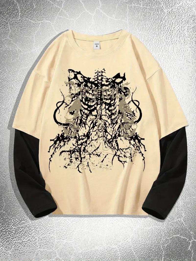 Y2K herfst en winter nieuw gotisch shirt rood ronde hals super lange mouw casual retro straatkleding grafische T-shirts vintage