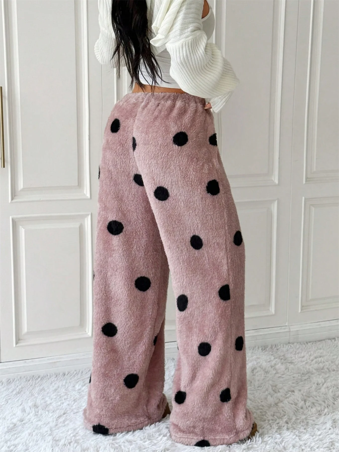 Women's Autumn and Winter Fashion Polka Dot Print Fleece-Lined Fashion Pants - Suitable for Daily Wear