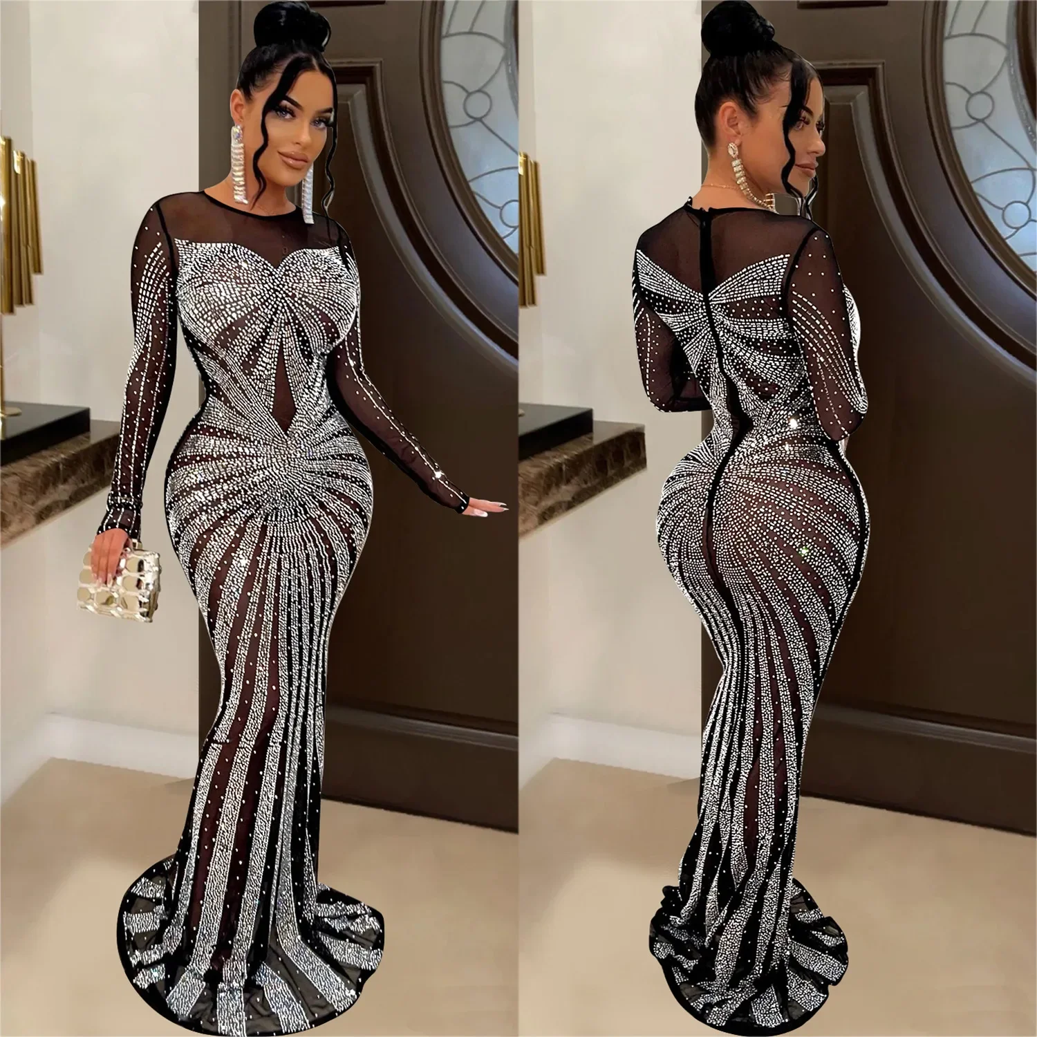 Women Mesh Dress Floor Length Dresses Diamond Diamond White Bodycon Sheath Splice Mesh Drilling Elegant Gown Sexy Vestidos 2024